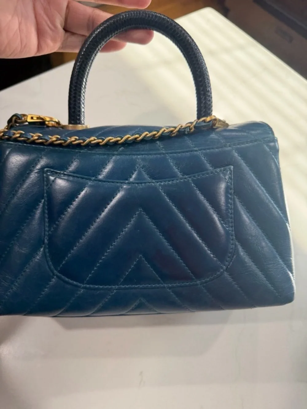 CHANEL Quilted Top Handle Satchel in Navy with Gold Hardware